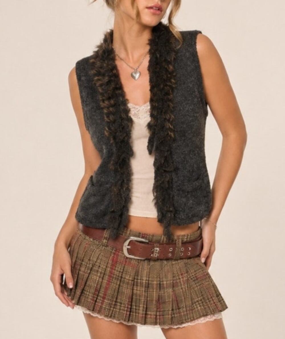 Y2K Milano Womens Faux Fur Trim Sweater Vest Size L Charcoal Gray Retro Bratz